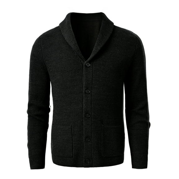 Men's Shawl Collar Cardigan Sweater Slim Fit Cable Knit Button up Dark grey Merino wool Sweater_Black_XXXXX-Large