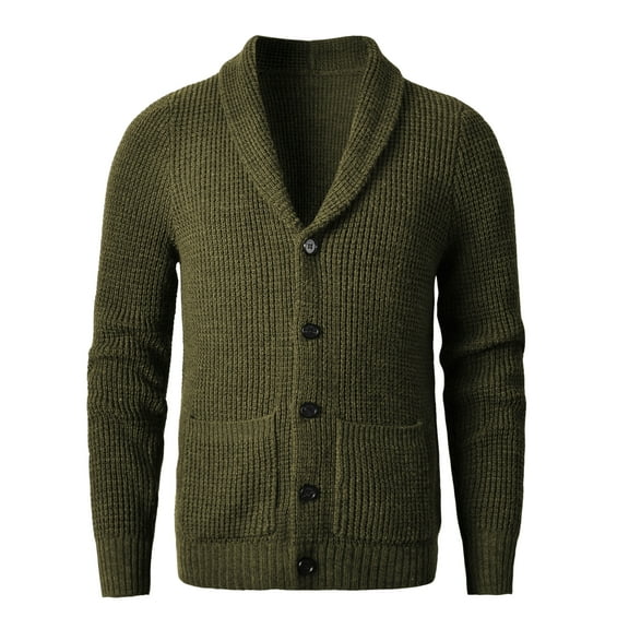 Men's Shawl Collar Cardigan Sweater Slim Fit Cable Knit Button up Dark grey Merino wool Sweater_Olive_XXXXXX-Large