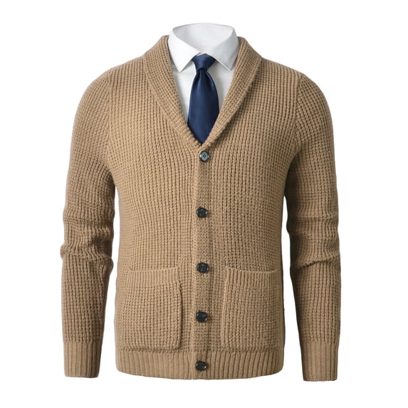 Men's Shawl Collar Cardigan Sweater Slim Fit Cable Knit Button up Merino wool Sweater_Apricot_XXXXX-Large