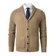 Mens Shawl Collar Cardigan Sweater Slim Fit Cable Knit Button up Merino wool Sweater_Apricot_-Large