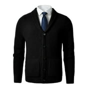 Mens Shawl Collar Cardigan Sweater Slim Fit Cable Knit Button up Merino wool Sweater_Black_-Large