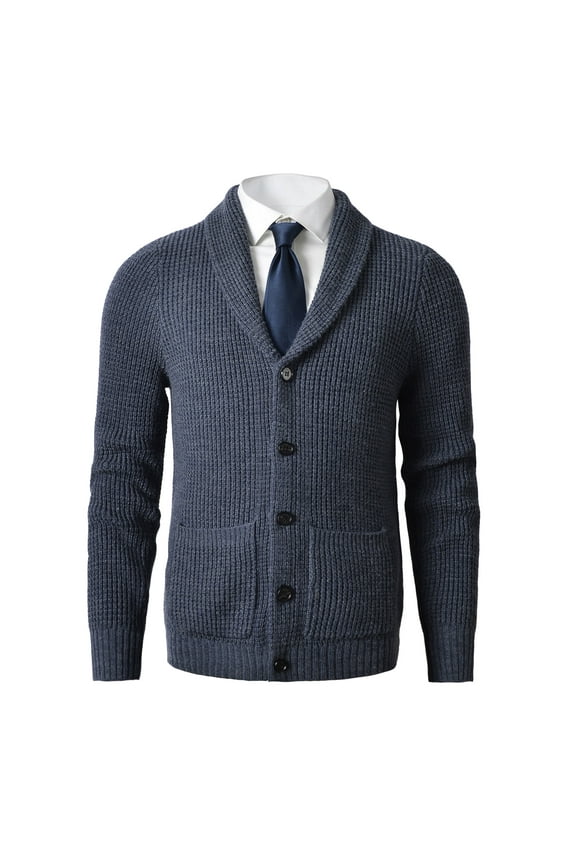 Men's Shawl Collar Cardigan Sweater Slim Fit Cable Knit Button up Merino wool Sweater_Navy_XXXXXX-Large
