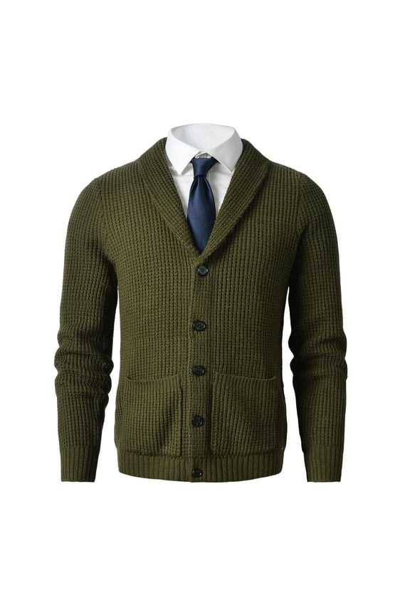 Men's Shawl Collar Cardigan Sweater Slim Fit Cable Knit Button up Merino wool Sweater_Olive_XXXXXX-Large