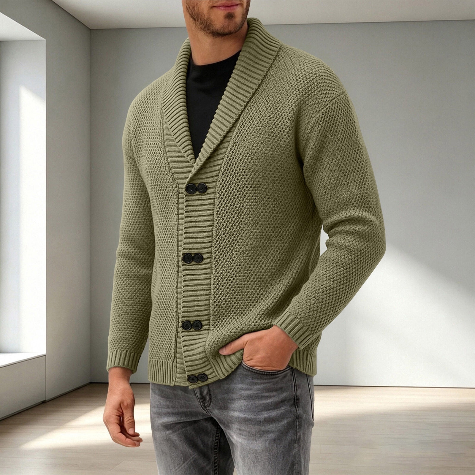 Green Ribbled Paper Men's Shawl‑Collar Double‑Breasted Knit Cardigan, Open‑Front Outerwear ...