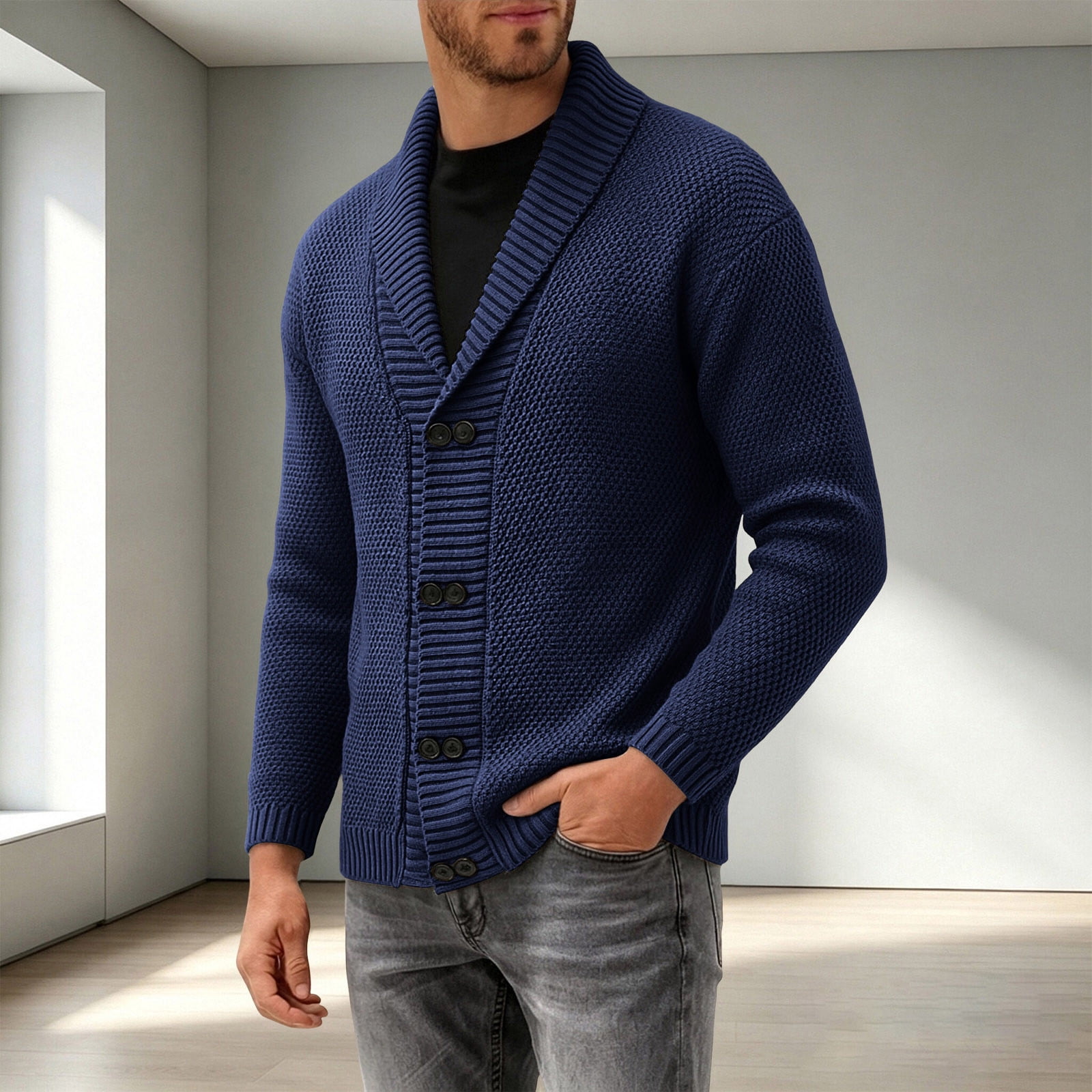 Men's Shawl‑Collar Double‑Breasted Knit Cardigan, Open‑Front Outerwear ...