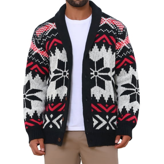 Men's Shawl Collar Long Sleeved Button Pattern Knitwear Cardigan Sweater S Black Red