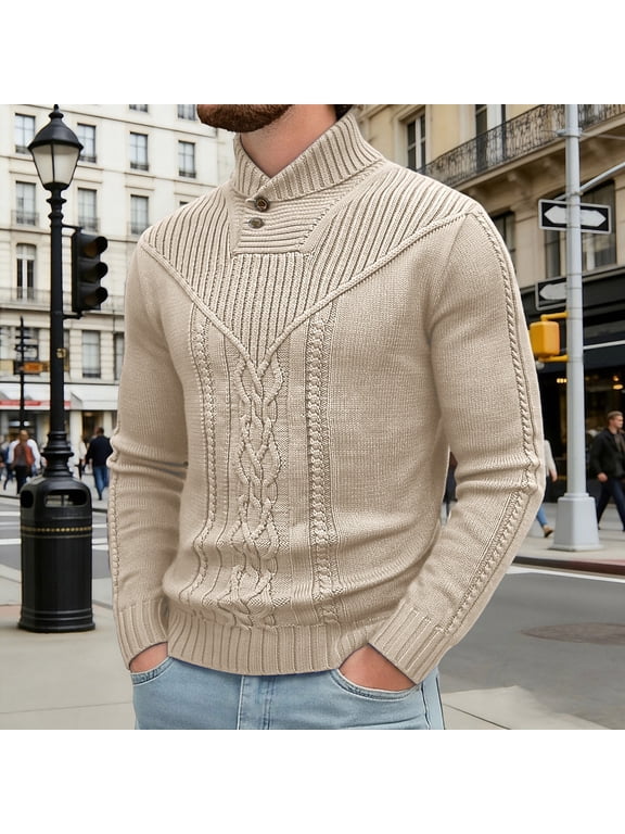 Men's Shawl Collar Pullover Sweater Casual Button Cable Knit Sweaters