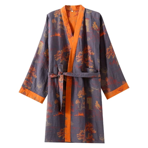 Men's Shawl Collar Robe Large Size Yarn Jacquard With Waist Home Wear Bathrobe Couple Kimono Bathrobe Grey L