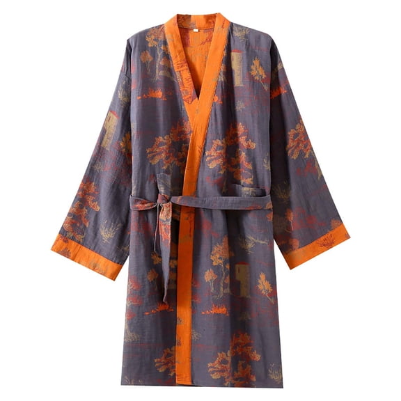 Men's Shawl Collar Robe Large Size Yarn Jacquard With Waist Home Wear Bathrobe Couple Kimono Bathrobe Grey M