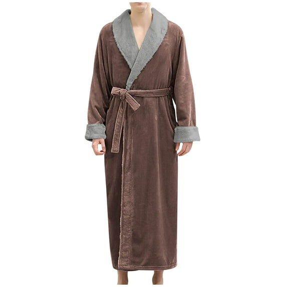 Men's Shawl Collar Robes Full Length Fleece Plush Bathrobes Soft Long Spa Robe House Coat Male with Belt