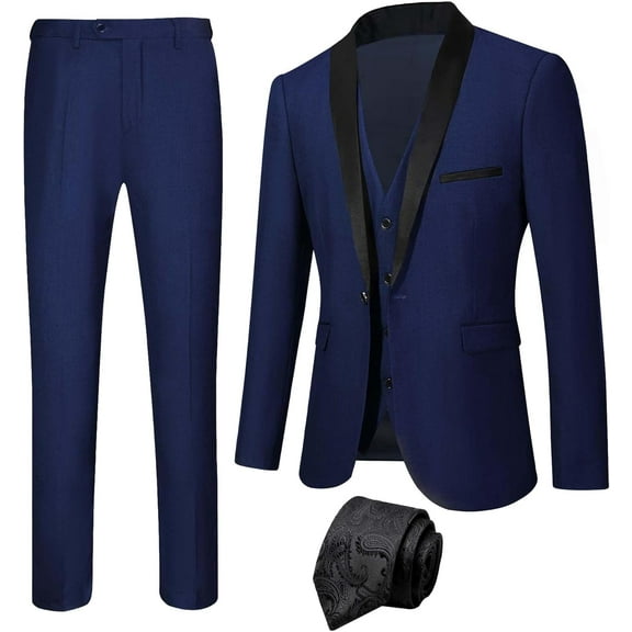 Men's Shawl Lapel Suit with Black Jacquard Tie Slim Fit Tuxedo Blazer Vest Pants for Wedding Dinner Prom
