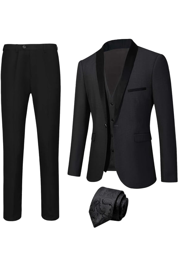 Men's Shawl Lapel Suit with Black Jacquard Tie Slim Fit Tuxedo Blazer Vest Pants for Wedding Dinner Prom
