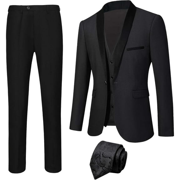 Men's Shawl Lapel Suit with Black Jacquard Tie Slim Fit Tuxedo Blazer Vest Pants for Wedding Dinner Prom
