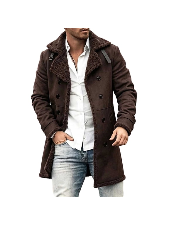Men’s Shearling Aviator Coat Overcoat Double Breasted Suede Leather Trench Coats Faux Fuzzy Lining Winter Warm Notched Lapel Topcoat Size S-5XL