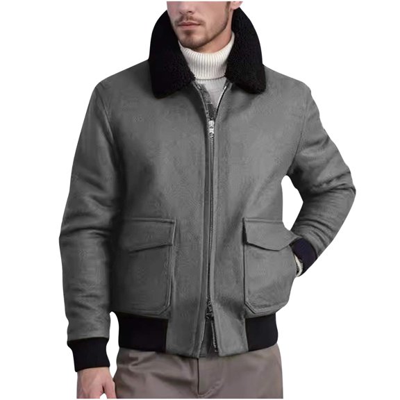 Men's Shearling Bomber Jacket with Faux Fur Collar, Zip Up Long Sleeve Thicken Warm Cargo Jackets with Pockets