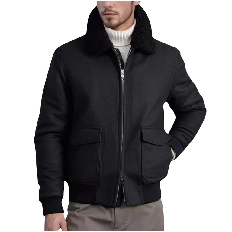 Men's Shearling Bomber Jacket with Faux Fur Collar, Zip Up Long