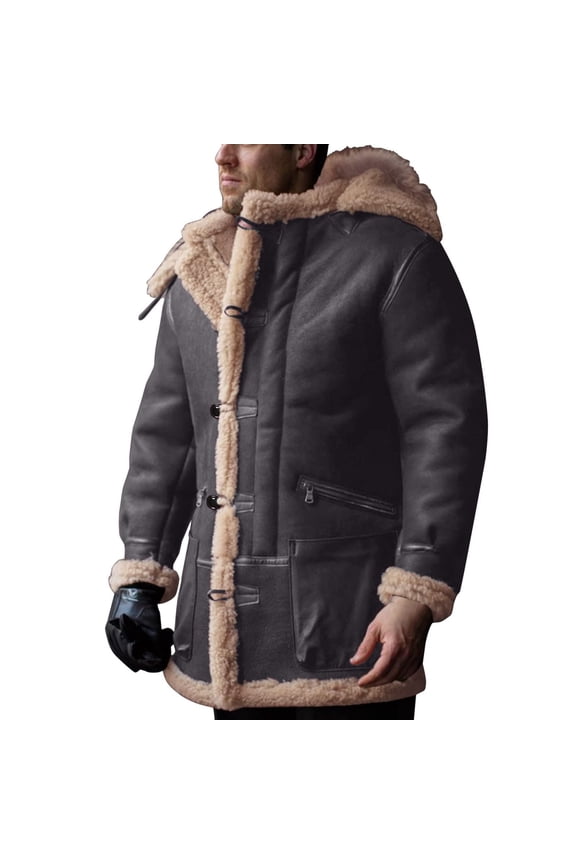 Men's Shearling Faux Suede Leather Coat Winter Thick Warm Sherpa Lined Fuzzy Fleece Hooded Jacket Loose Oversized Big and Tall Outwears