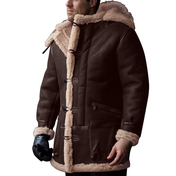 Men's Shearling Leather Jacket Suede Sherpa Lined Fleece Winter Pea Coat Faux Fur Vintage Button Down Long Trench Coat