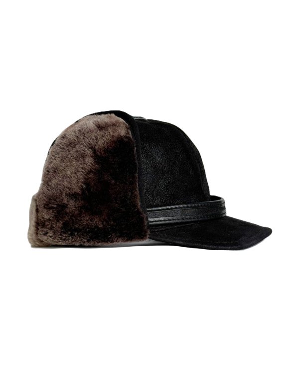 Mens Shearling Leather Trapper Hat Aviator Winter Cap with Genuine Sheepskin Ear Flaps | Cold Weather Leather Cap (US, Alpha, 3X-Large, Black/Brown Fur)