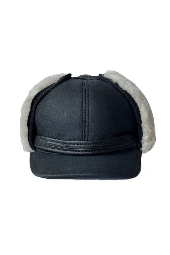 Men’s Shearling Leather Trapper Hat – Aviator Winter Cap with Genuine Sheepskin Ear Flaps | Cold Weather Leather Cap (US, Alpha, Large, Black/Ivory Fur)