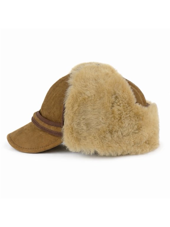 Men's Shearling Leather Trapper Hat Aviator Winter Cap with Genuine Sheepskin Ear Flaps
