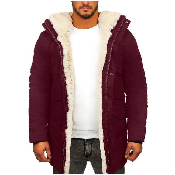 Men's Shearling Suede Coat Winter Warm Sherpa Lined Sheepskin Jacket Outwear with Hood & Pockets
