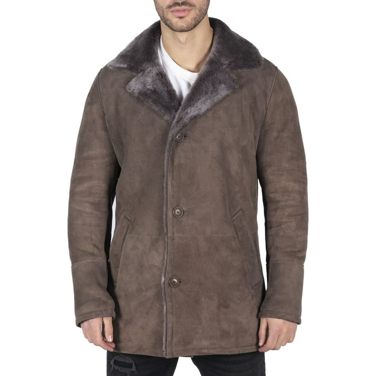 Infinity Leather Mens Real Sheepskin Coat Beige Vintage Classic 3 4 Jacket Button Down V Neck Tan Small