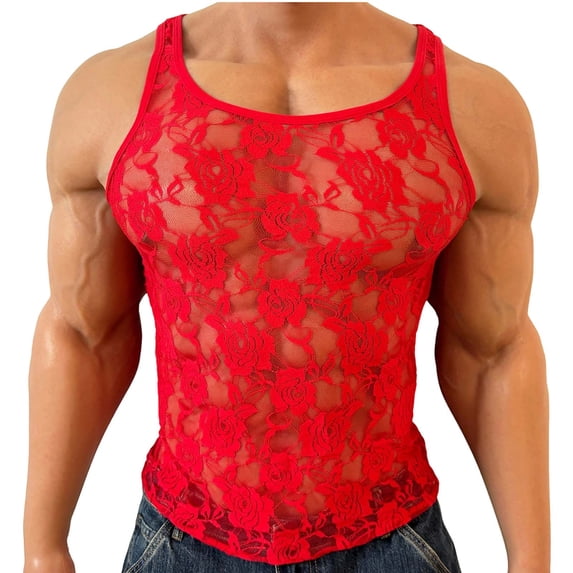 Men's Sheer Lace Tank Top Flower Mesh See Through Sleeveless Muscle Shirt Racer Back Sexy Undershirt