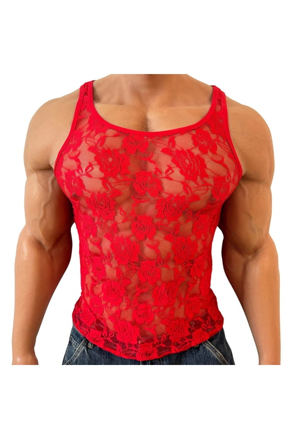 Men's Sheer Lace Tank Top Flower Mesh See Through Sleeveless Muscle Shirt Racer Back Sexy Undershirt