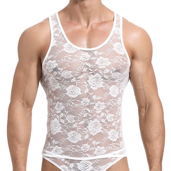 Men's Sheer Lace Tank Top Mesh See Through Sleeveless Muscle Underwear for Cross Dresser