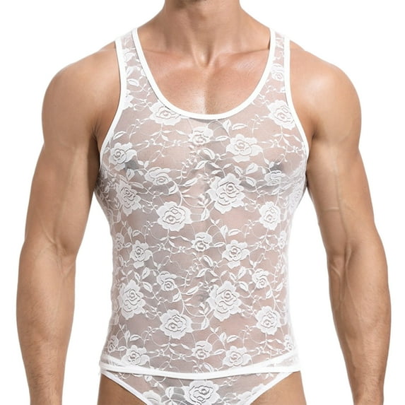 Men's Sheer Lace Tank Top Mesh See Through Sleeveless Muscle Underwear for Cross Dresser