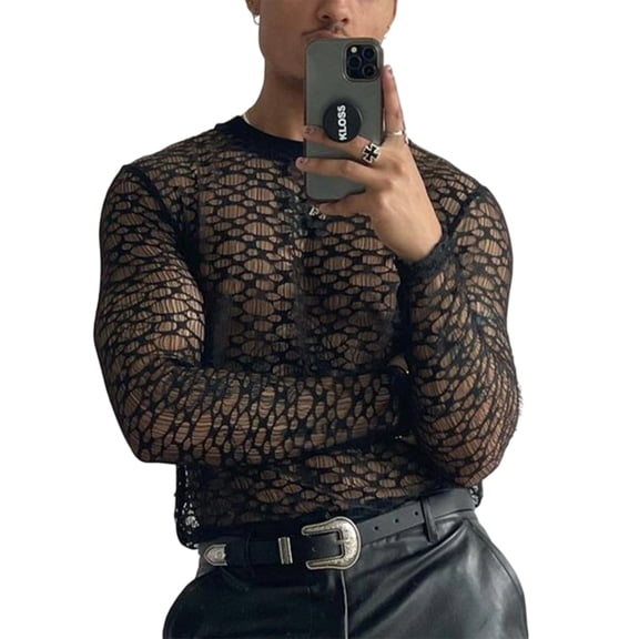 Men's Sheer Long Sleeve Top See Through Long Sleeve Lace Floral Round Neck Sexy T Shirts Trendy Tops for Club everywhere