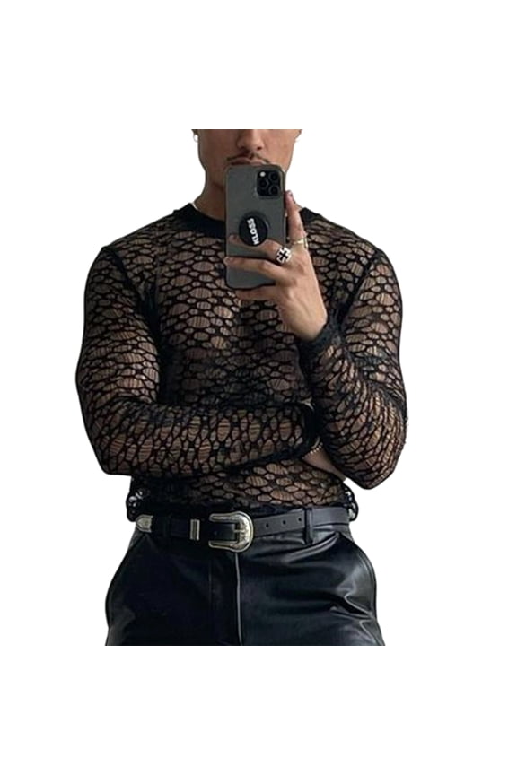 Men's Sheer Long Sleeve Top See Through Long Sleeve Lace Floral Round Neck Sexy T Shirts Trendy Tops for Club present