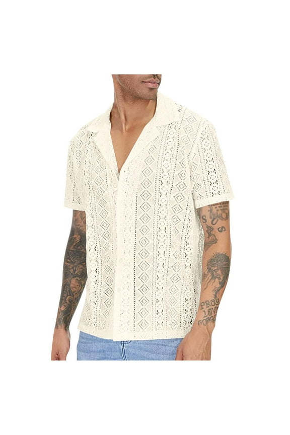 Men's Sheer Mesh See Through Tshirt Solid Color Knit Button Down Gym Muscle Shirts Hollow Out Workout Muscle Tops