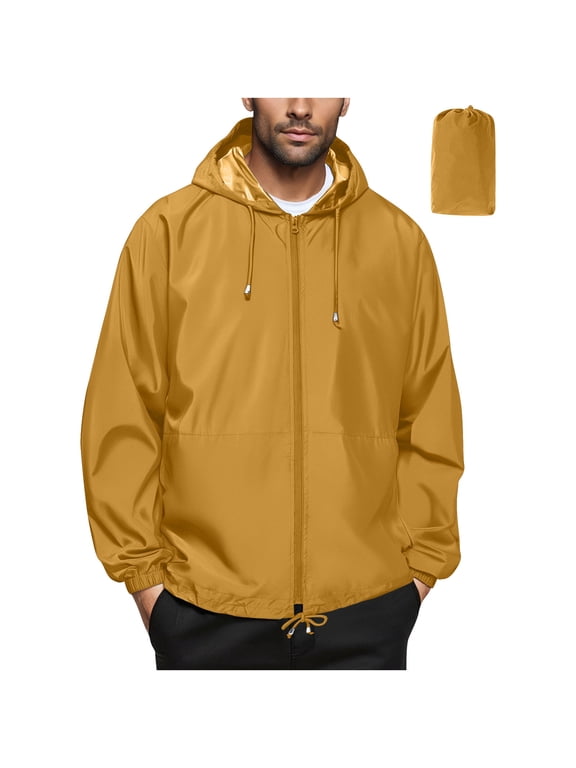 Men's Shell Jacket Water Proofing Hooded Run Pocket Zipper Long Sleeve for Climb Sport Yellow XXXL
