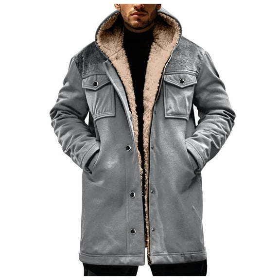 Men's Sherpa Fleece Coat Mid Length Zip-up Hooded Jackets Pockets Long Sleeve Warm Windproof Winter Outerwear (XL, Gray)