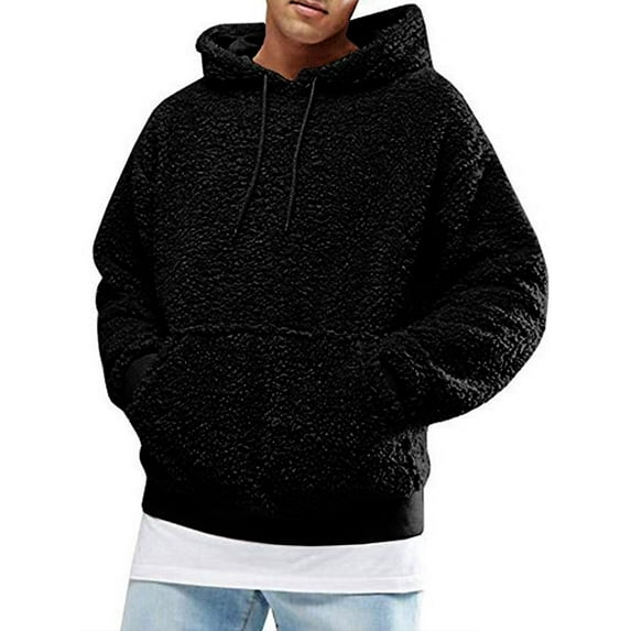 Men's Sherpa Fleece Hoodie Fuzzy Pullover Long Sleeve Kangaroo Pocket Hooded Sweatshirt Autumn Winter Outwear