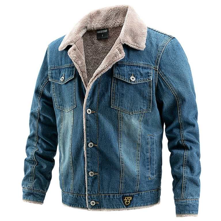 Men s Sherpa Fleece Lined Denim Jacket Retro Relaxed Fit Thicken Trucker Jacket Fleece Collar Lapel Button Cowboy Coat Walmart