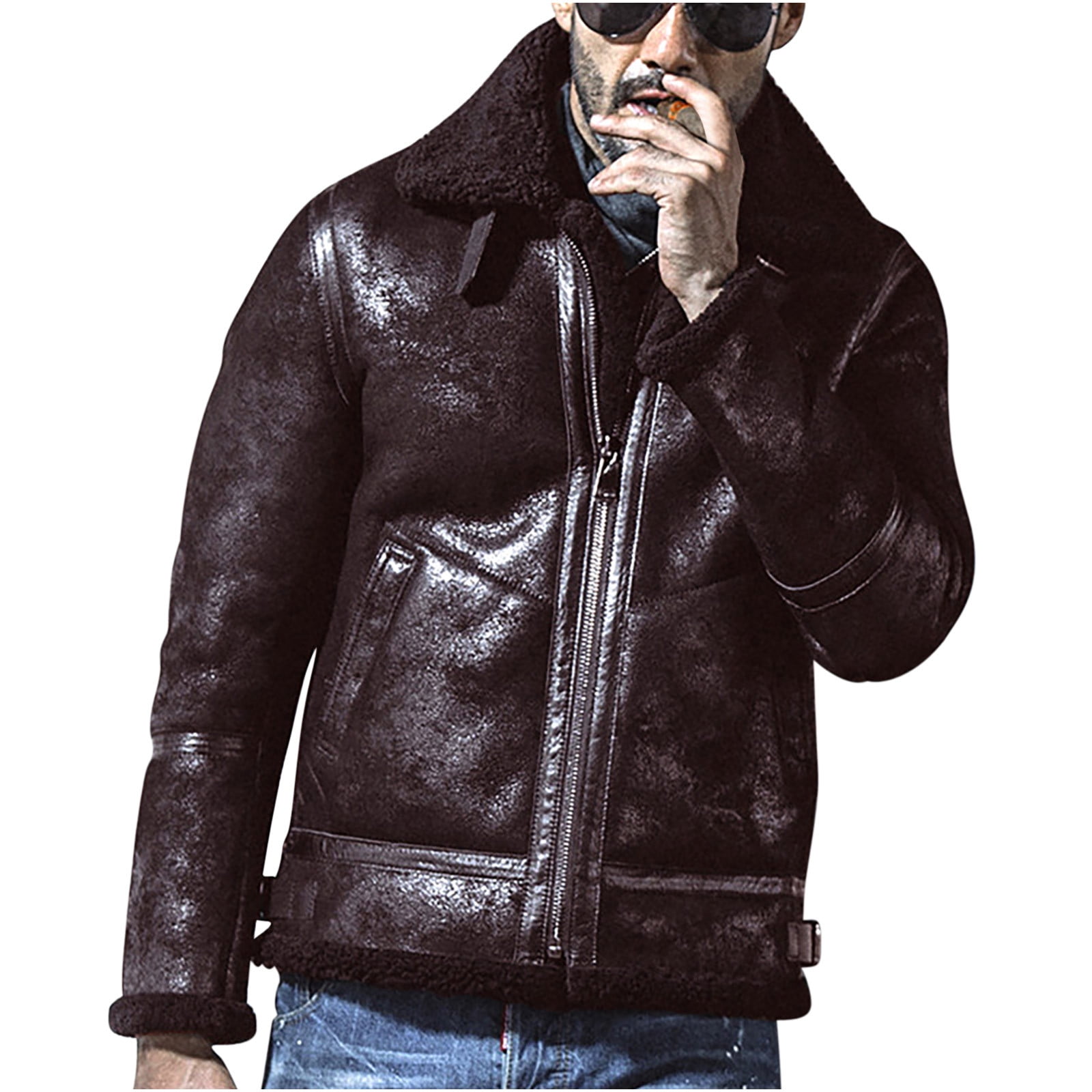 Men s Sherpa Fleece Lined Jacket Suede Faux Leather Jacket Plus Size Winter Warm Faux Fur Collar Coat with Pockets Walmart Business Supplies