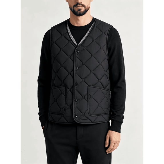 Men's Sherpa Fleece Lined Quilted Vest, V‑Neck Snap Button Sleeveless Warm Gilet Jacket with Pockets, Lightweight Insulated Waistcoat for Fall Winter Daily Wear