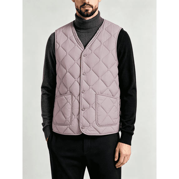 Men's Sherpa Fleece Lined Quilted Vest, V‑Neck Snap Button Sleeveless Warm Gilet Jacket with Pockets, Lightweight Insulated Waistcoat for Fall Winter Daily Wear