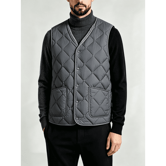 Men's Sherpa Fleece Lined Quilted Vest, V‑Neck Snap Button Sleeveless Warm Gilet Jacket with Pockets, Lightweight Insulated Waistcoat for Fall Winter Daily Wear