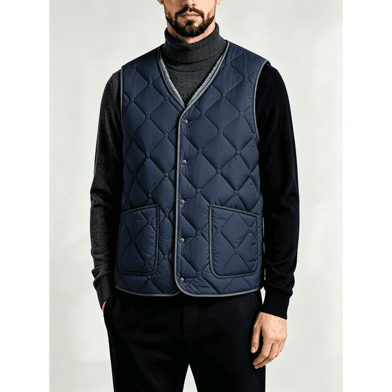 Men's Sherpa Fleece Lined Quilted Vest, V‑Neck Snap Button Sleeveless Warm Gilet Jacket with Pockets, Lightweight Insulated Waistcoat for Fall Winter Daily Wear