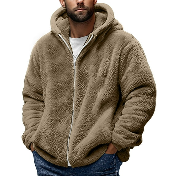 Men's Sherpa Hooded Jackets Casual Double Sided Velvet Long Sleeve Coats Cardigan Zipper Warm Soft Pocket Outerwear Coffee XXXL