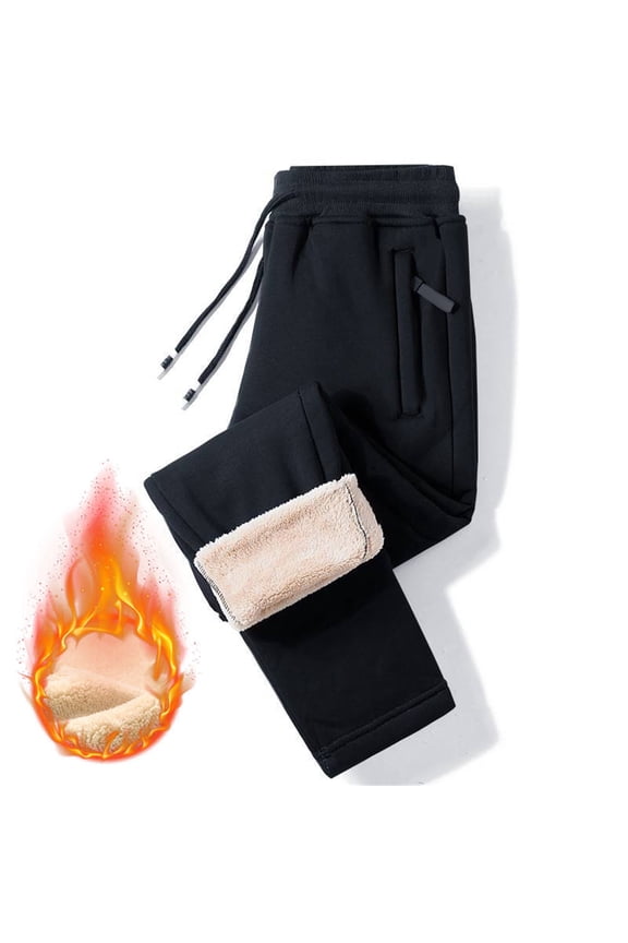 Men's Sherpa Lined Athletic Sweatpants Winter Warm Track Pants with Zipper Pockets Black L