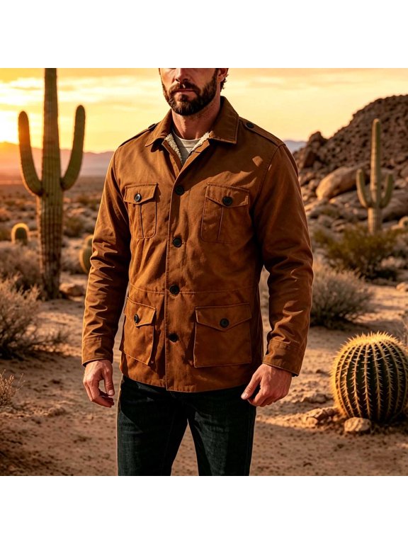 Men's Sherpa Lined Field Jacket with Multiple Button Flap Pockets