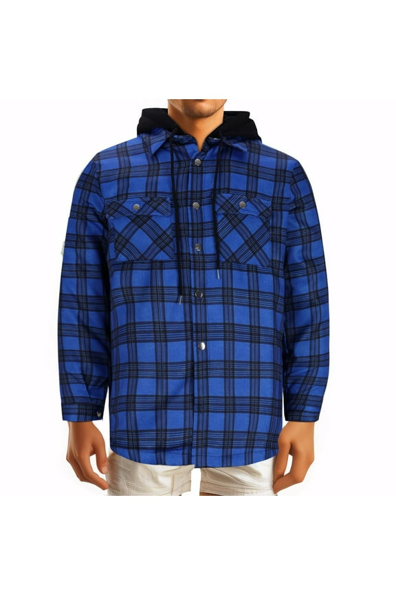 Men's Sherpa Lined Flannel Shirt Jacket Snap Button Down Plaid Jacket Shacket with Hood Winter Warm Coat Hoodies