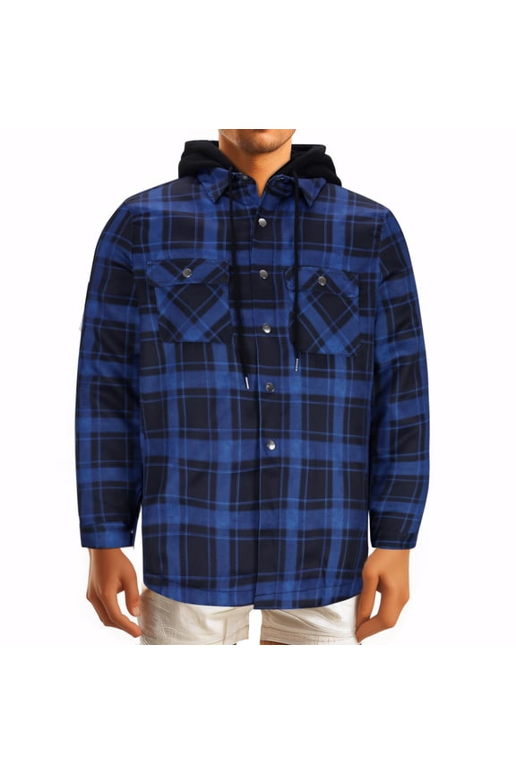 Men's Sherpa Lined Flannel Shirt Jacket Snap Button Down Plaid Jacket Shacket with Hood Winter Warm Coat Hoodies