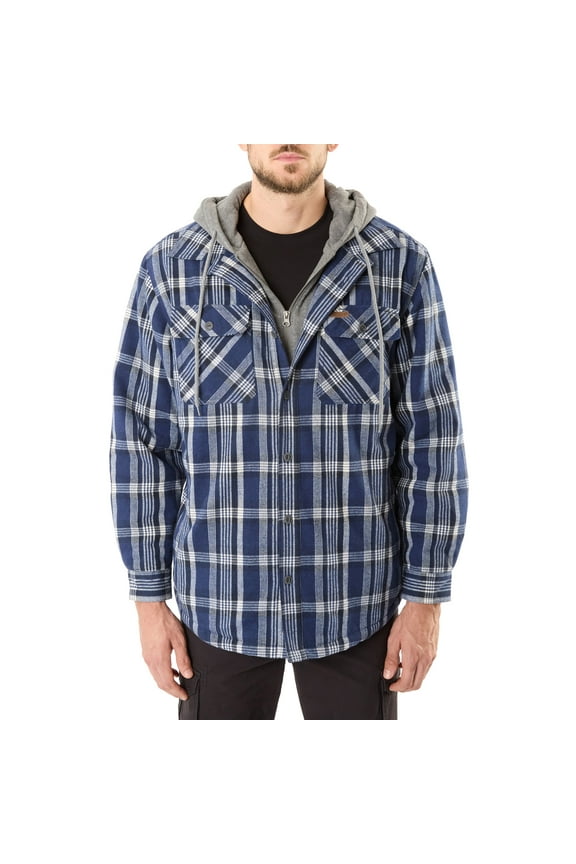 Men’s Sherpa-Lined Hooded Flannel Shirt Jacket Color: Steel Blue Size: L