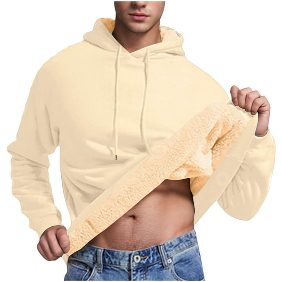 Men's Sherpa Lined Hoodie Thick Warm Winter Sweatshirt Jacket Long Sleeve Hooded Pullover Fleece Sweater Tops (S, Beige)